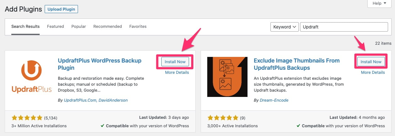 Bạn nên cài thêm plugin Exclude Image Thumbnails From UpdraftPlus Backups để loại trừ các file thumbnail ra khỏi file lưu trữ, giúp giảm dung lượng.