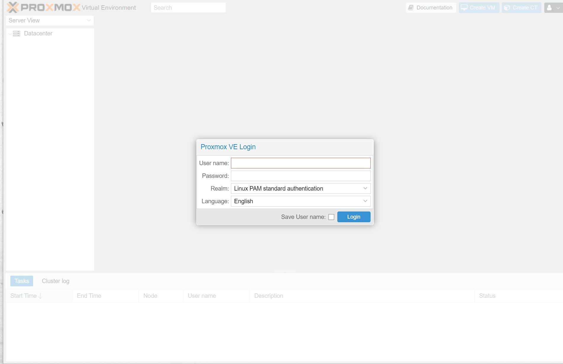 Màn hình đăng nhập Proxmox Web UI
