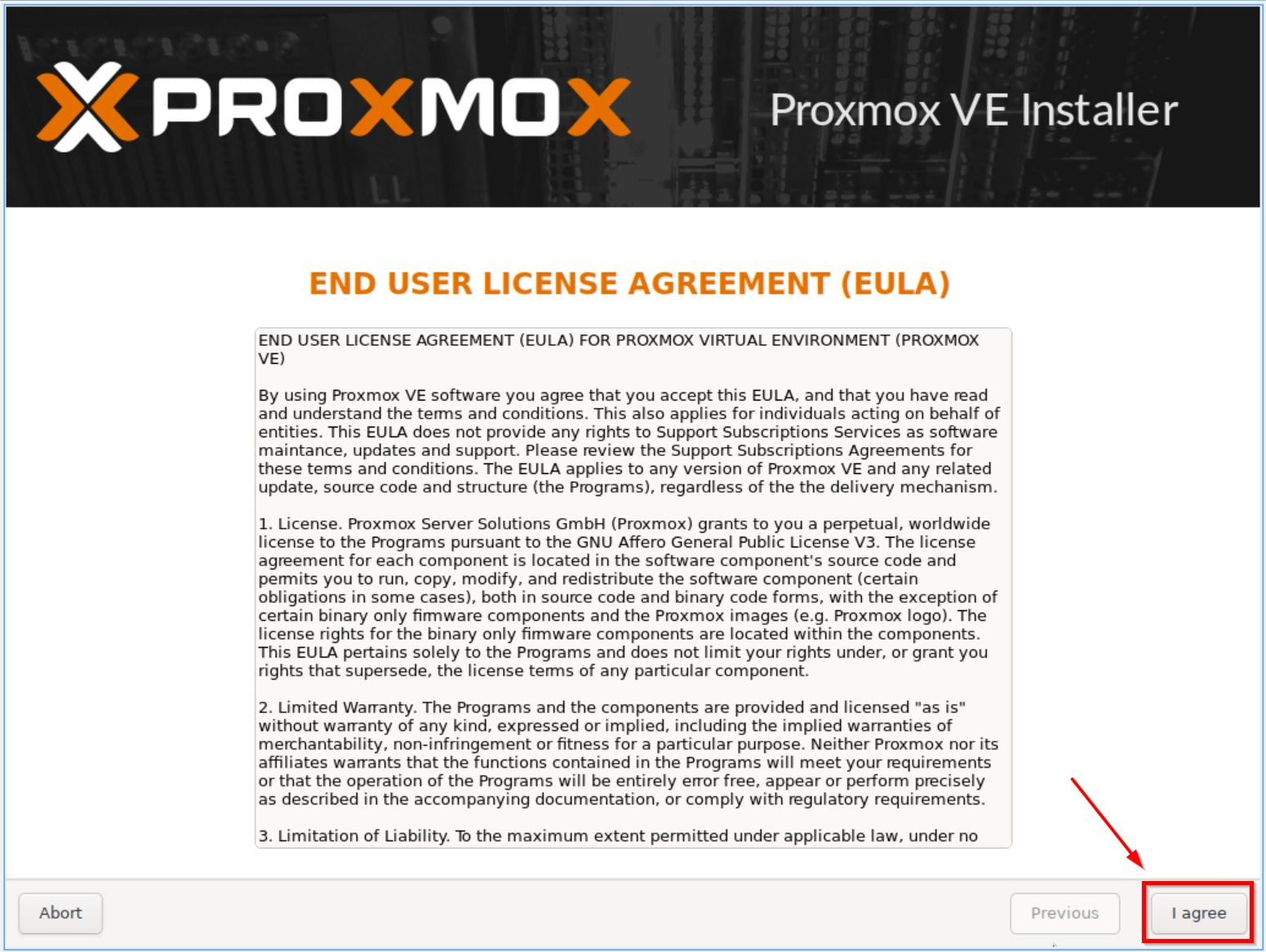 Màn hình điều khoản cài đặt Proxmox VE