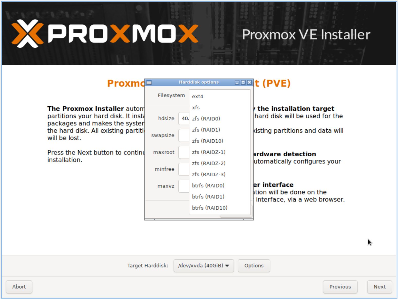 Tùy chọn filesystem khi cài Proxmox
