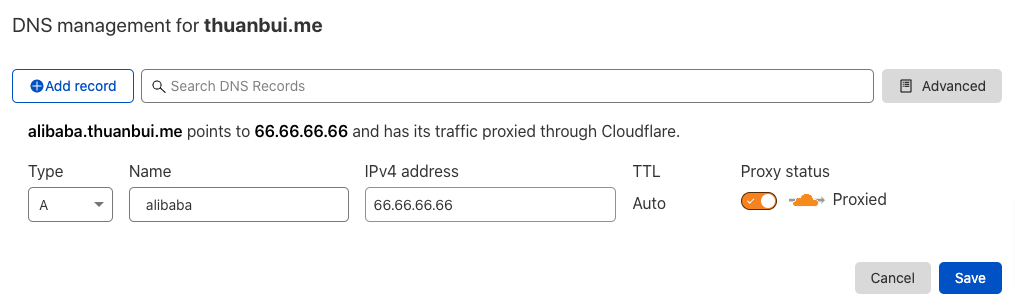 Tạo A Record cho subdomain alibaba.thuanbui.me