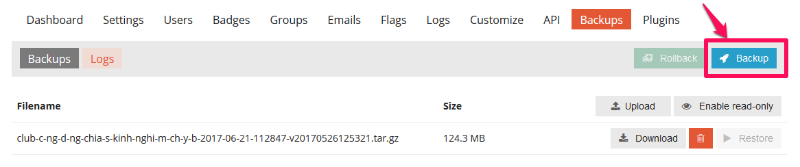 Bấm nút Backup để tiến hành sao lưu dữ liệu