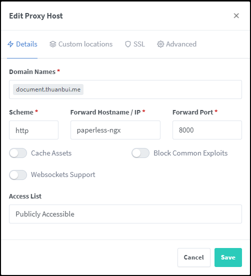 Cấu hình Proxy Host cho Paperless-ngx