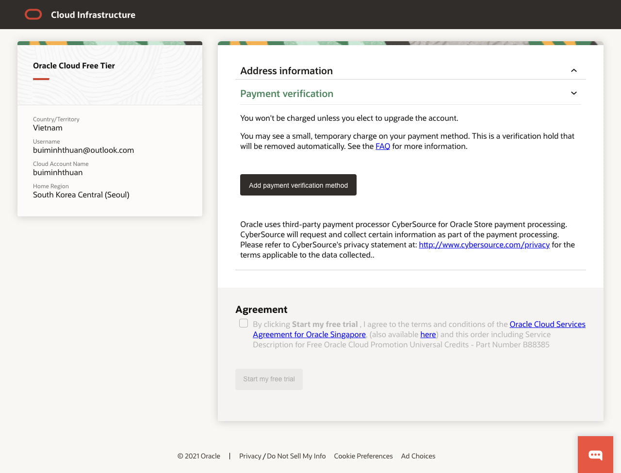 Bấm Add payment verification method để nhập thông tin thẻ thanh toán