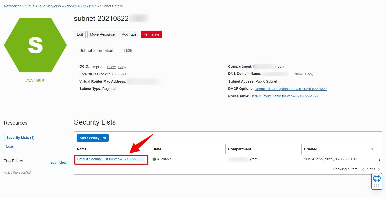 Bấm vào mục Default Security List for ...