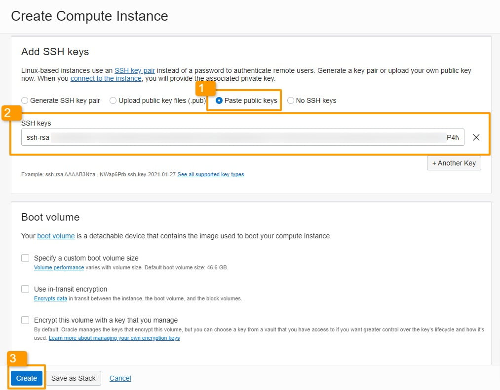 Quay lại Oracle Cloud, chọn Paste public keys, sau đó Paste vào nội dung Key bạn vừa mới Copy từ Putty Key Generator. Sau đó bấm Create để tạo máy ảo.