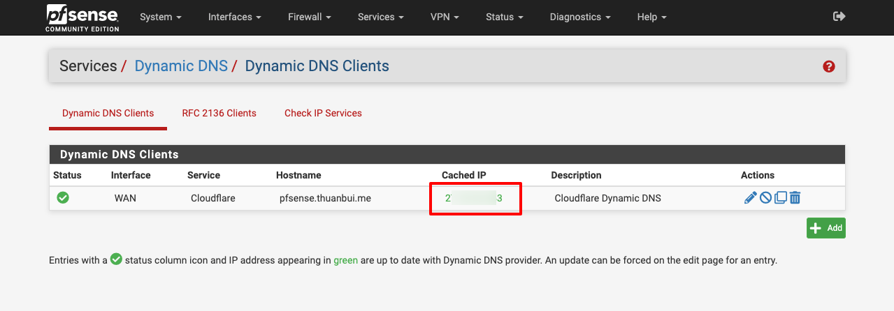 Tạo Dynamic DNS Client thành công cho tên miền pfsense.thuanbui.me