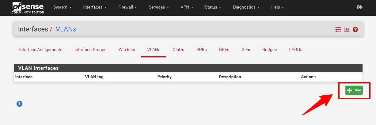 Bấm chọn tab VLANs, sau đó bấm Add để tạo VLAN mới