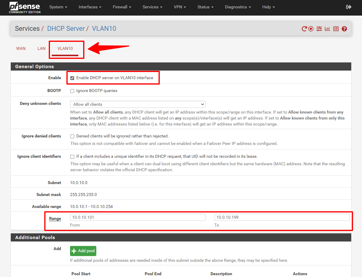 Cấu hình DHCP Server cho VLAN 10