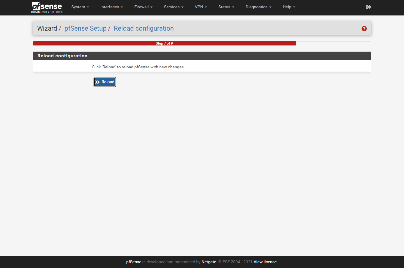 Bấm Reload để pfSense lưu lại thông số và khởi động lại dịch vụ