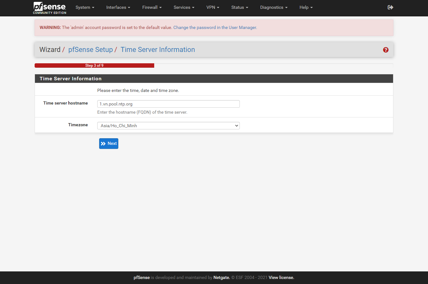 Chỉnh múi giờ và Time Server. Mình sử dụng time server 1.vn.pool.ntp.org