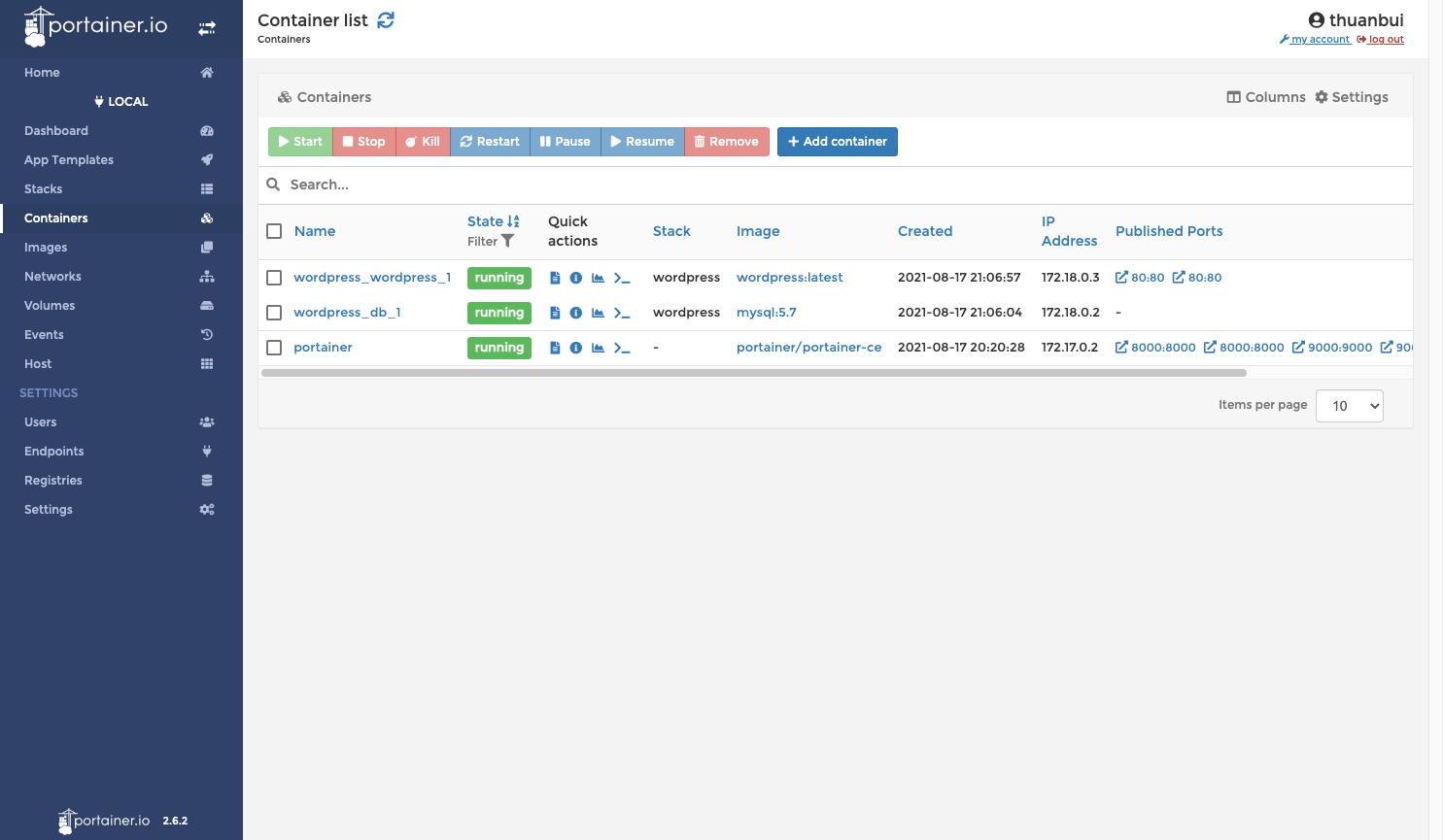 Containers: có thêm 2 container wordpress_wordpress và wordpress_db bên cạnh container của portainer