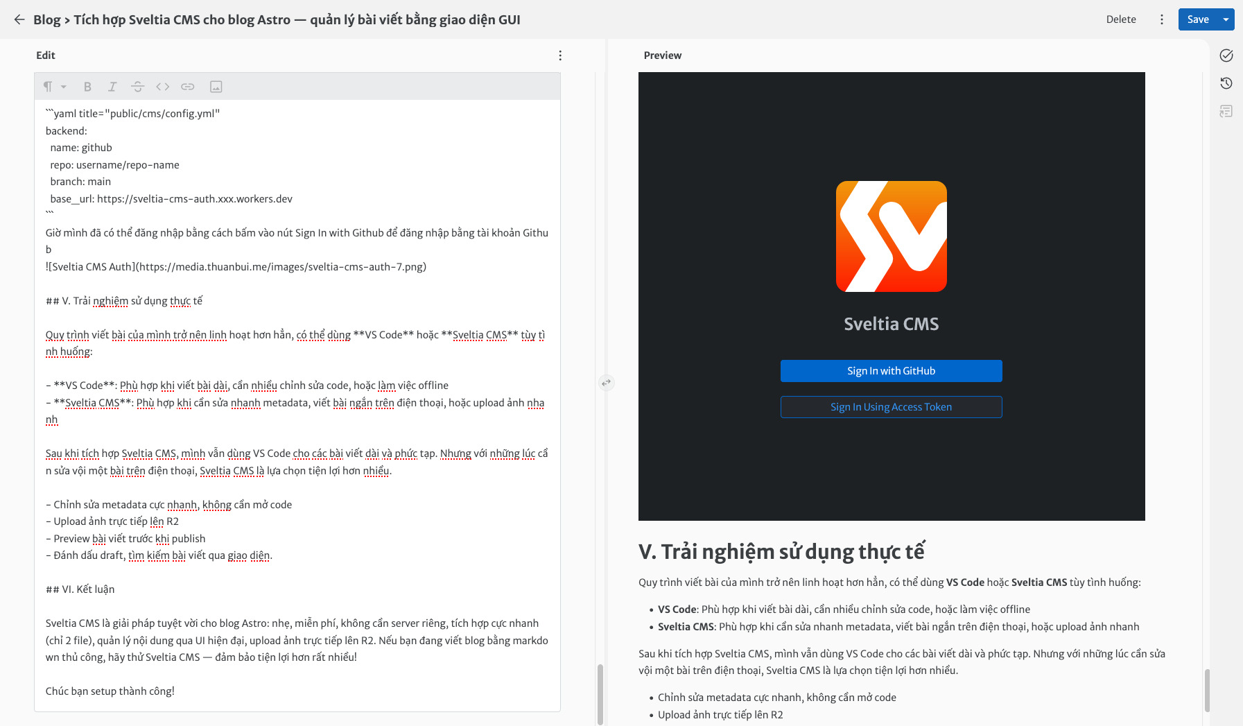 Giao diện chỉnh sửa bài viết của Sveltia CMS