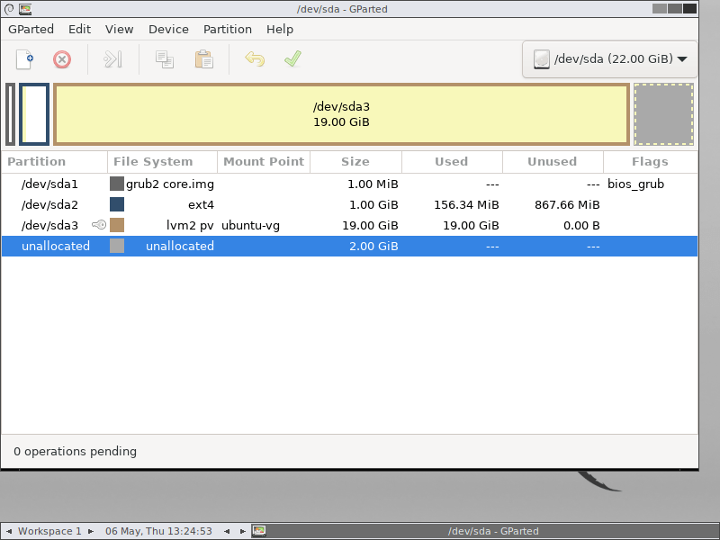 Phần kích thước mới tăng thêm 2.00 GiB đang bỏ không. Chúng ta cần mở rộng phân vùng /dev/sda3 gom lấy 2 GiB dư này.