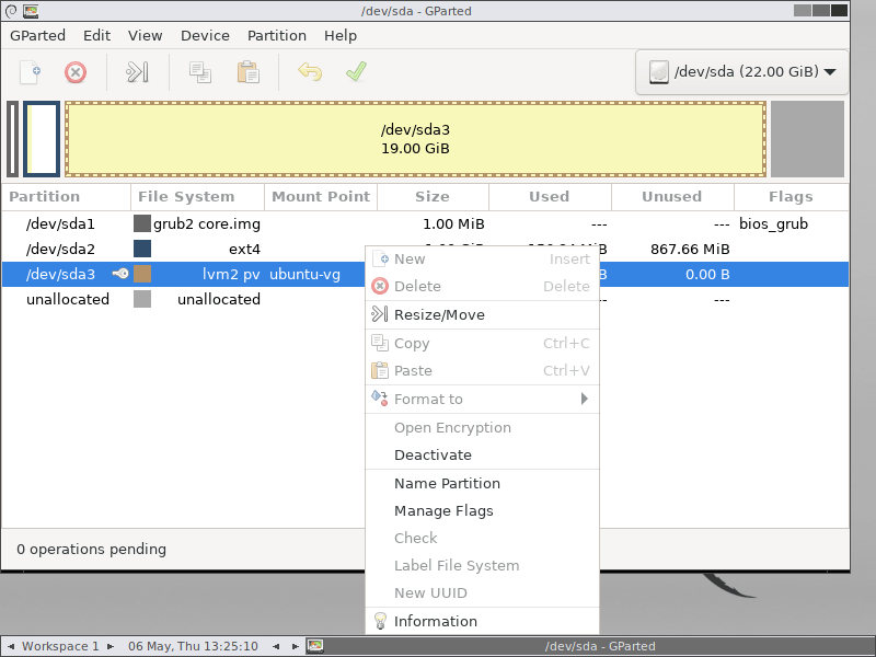 Bấm chuột phải trên phân vùng /dev/sda3 và chọn Resize/Move
