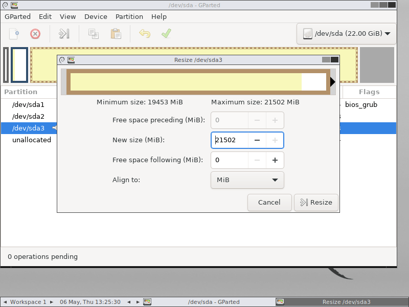 Mở rộng phân vùng chiếm trọn phần dư mới tạo ra, và bấm Resize