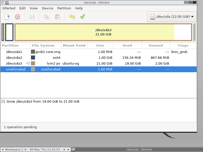 Bạn cần bấm tiếp dấu tích xanh lá cây để GParted thực thi nhiệm vụ