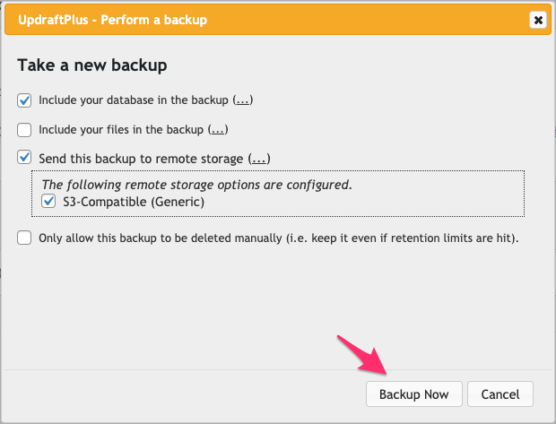 Nhớ chon Send this backup to remote storage và bấm BackUp Now.