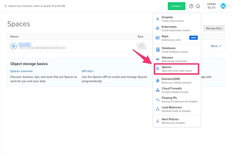 Đăng nhập vào Dashboard của DigitalOcean vào bấm vào nút Create trên Menu, chọn Spaces.