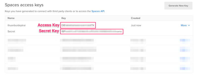 Lưu lại hai thông số Access Key và Secret Key để điền qua UpdraftPlus