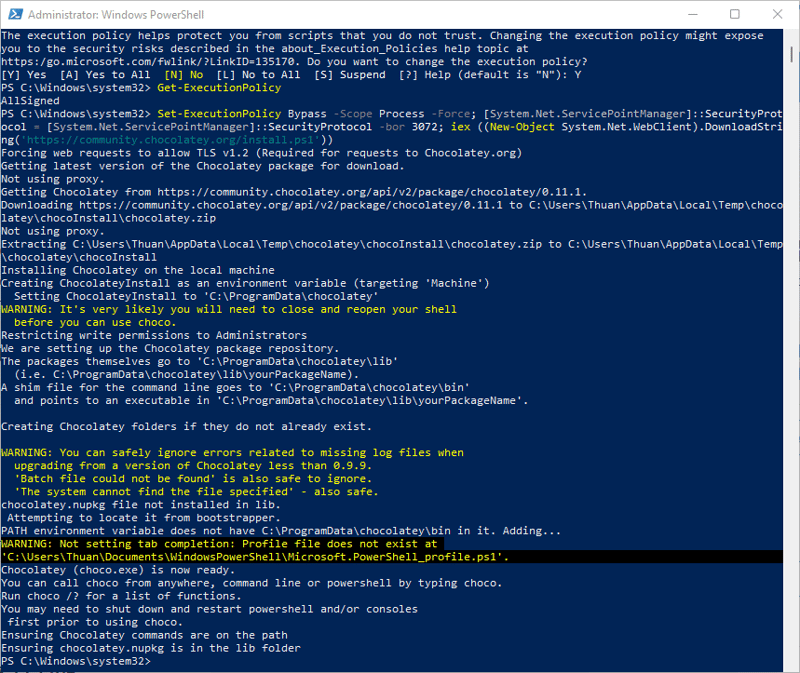 Cài đặt Chocolatey thành công