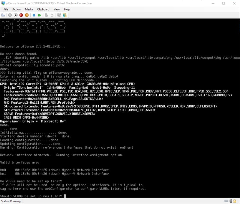 Hệ thống hỏi có muốn thiết lập VLAN không? Chọn n (No) và Enter. VLAN có thể được thiết lập sau khi truy cập vào giao diện Web UI của pfSense