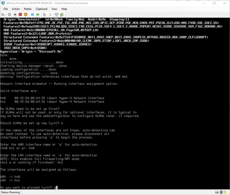 Chọn cổng mạng LAN: hn1, sau đó xác nhận bằng cách gõ y và Enter