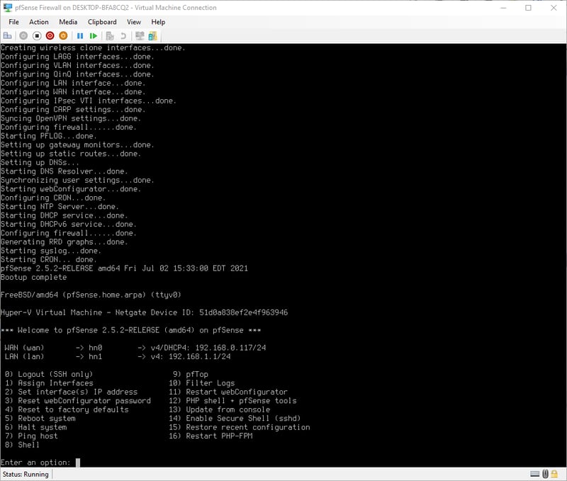 Giao diện dòng lệnh chính của pfSense