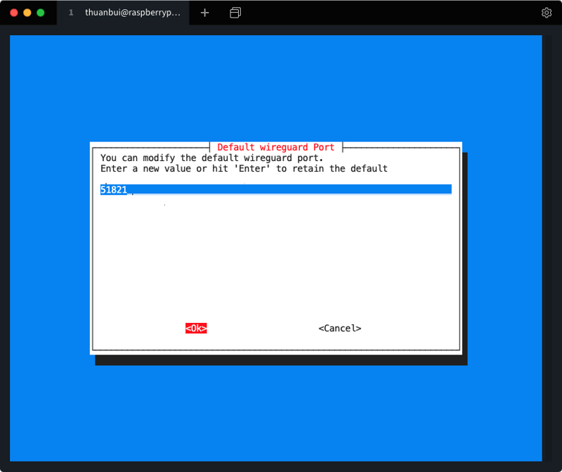 Port mặc định của WireGuard là 51820, bạn có thể giữ nguyên hoặc đổi port khác. Mình đổi qua port 51821 và chọn OK