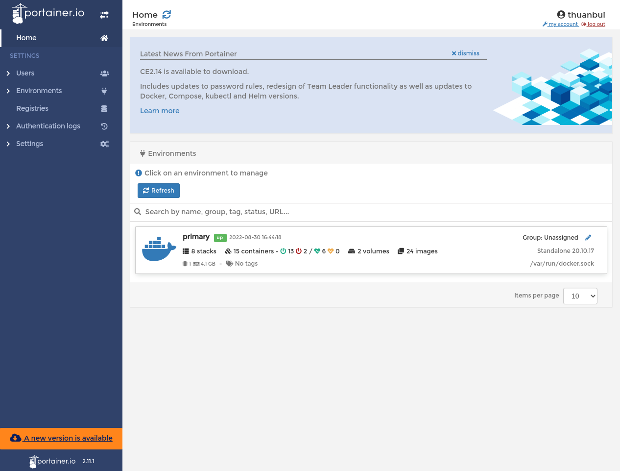 Portainer thông báo có phiên bản mới, cần cập nhật
