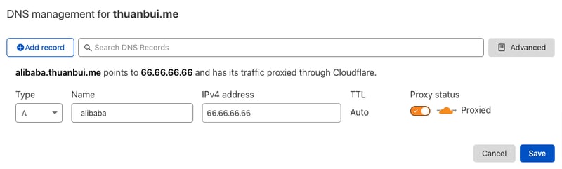 Tạo A Record cho subdomain alibaba.thuanbui.me