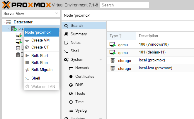 Bấm chuột phải trên node Proxmox