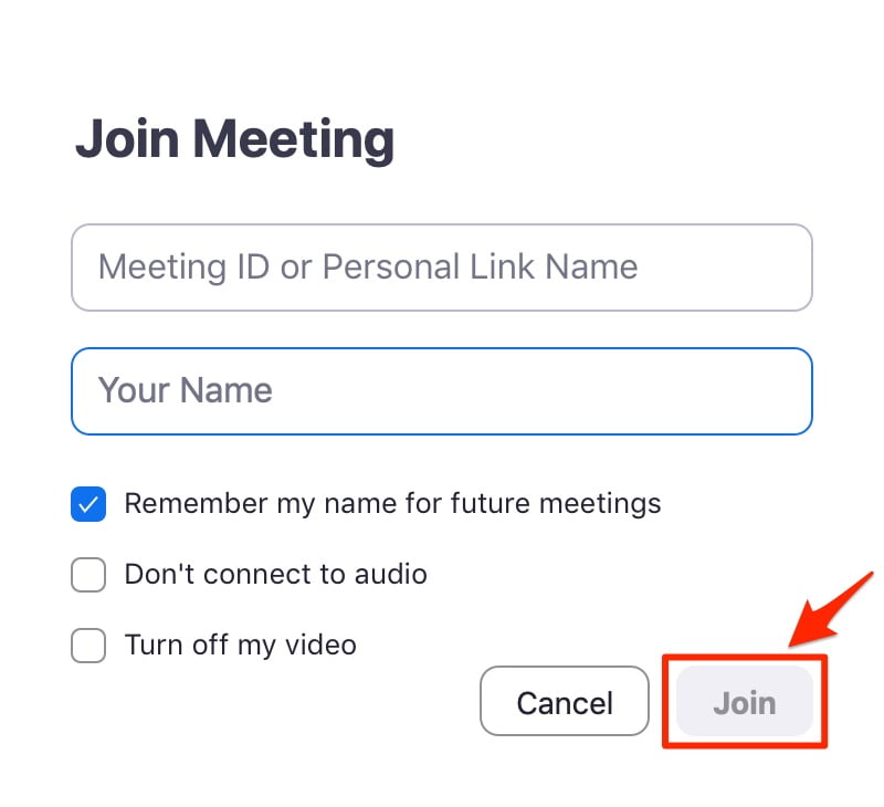 Bạn cần nhập Meeting ID hoặc đường dẫn (xem trong thư mời) và tên của bạn (ô Your Name), sau đó bấm Join