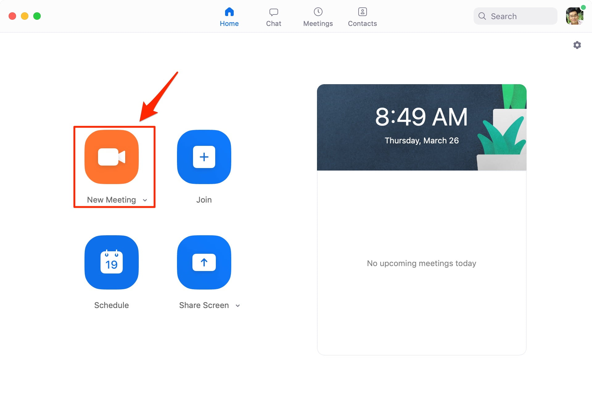 Bấm nút New Meeting (màu cam) để tạo cuộc họp ngay lập tức.