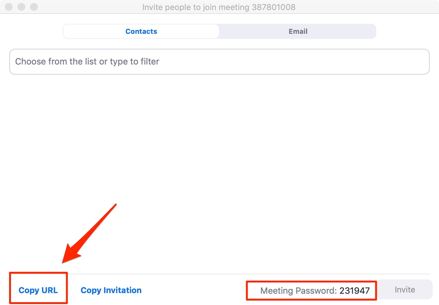 Bấm Copy URL để lưu lại đường dẫn cuộc họp. Bạn gửi đường dẫn này cùng với mật khẩu (Meeting Password) qua email cho thành viên.