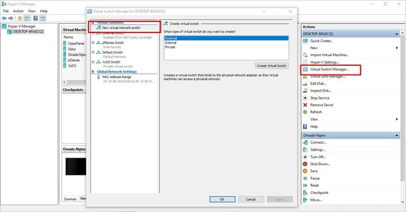 Chọn External và bấm Create Virtual Switch