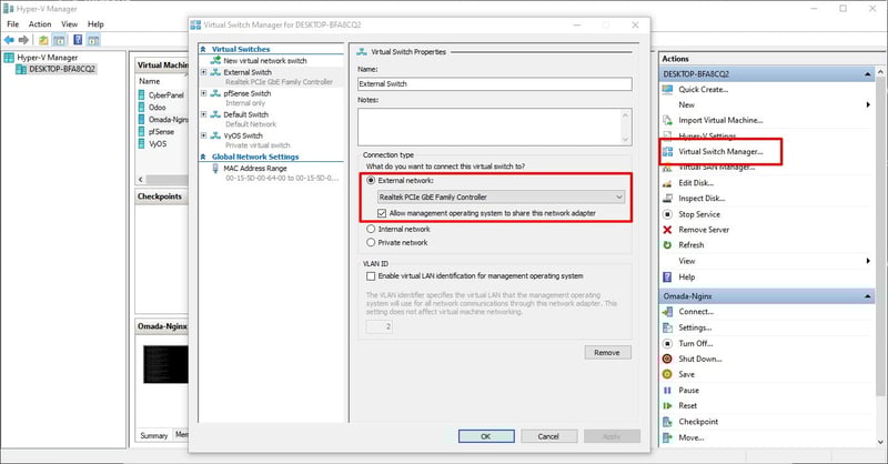 Chọn External network, sau đó chọn Card mạng vật lý đang sử dụng trên máy chủ