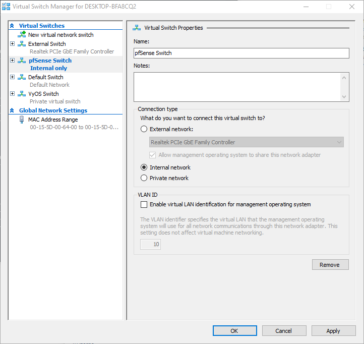 Tạo thêm Internal network tên gọi pfSense switch