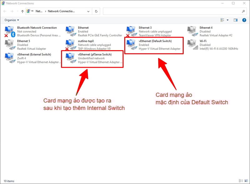 Trên Windows 10 Host tự động tao ra card mạng vEthernet (pfSense Switch) để kết nối vào Virtual Switch vừa tạo trước đó trong Hyper-V.