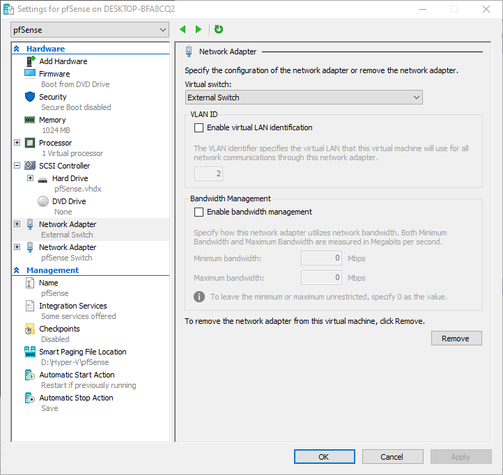 Vào phần Setting của máy ảo pfSense, tạo thêm Network Adapter, kết nối vào External Switch
