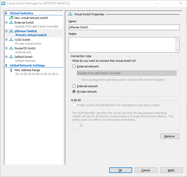 Tạo Private Switch với tên gọi pfSense Switch