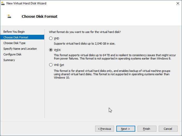 Chọn VHDX và bấm Next