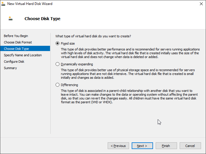 Chọn loại ổ cứng ảo và bấm Next