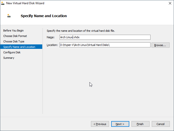 Đặt tên (Name) và vị trí lưu ổ cứng ảo (Location).