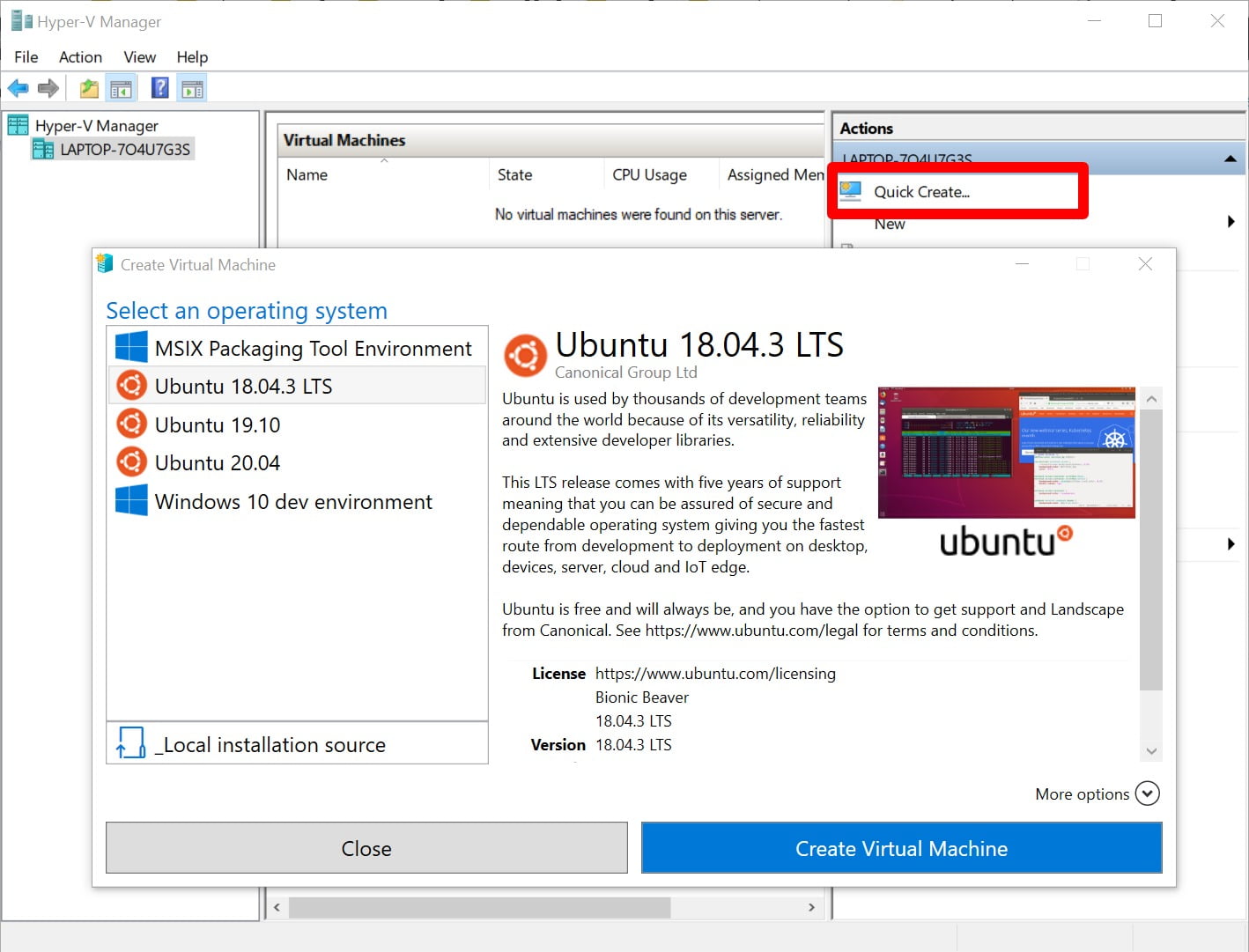 Bấm vào Quick Create... để tạo nhanh máy ảo