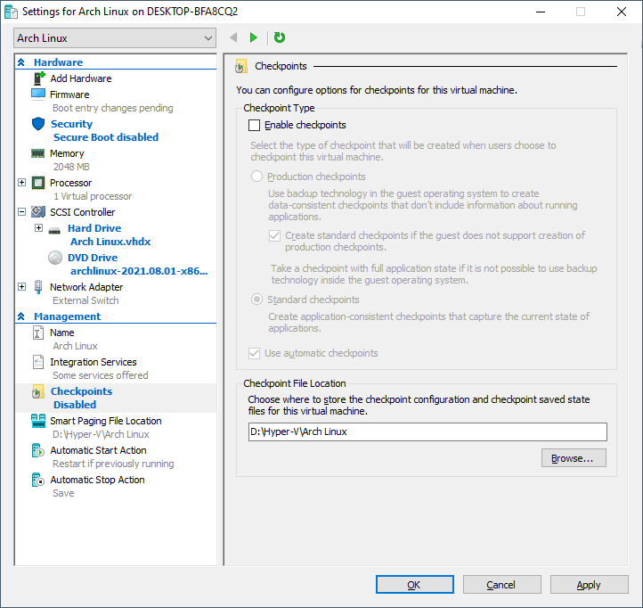 Bỏ chọn Enable checkpoints