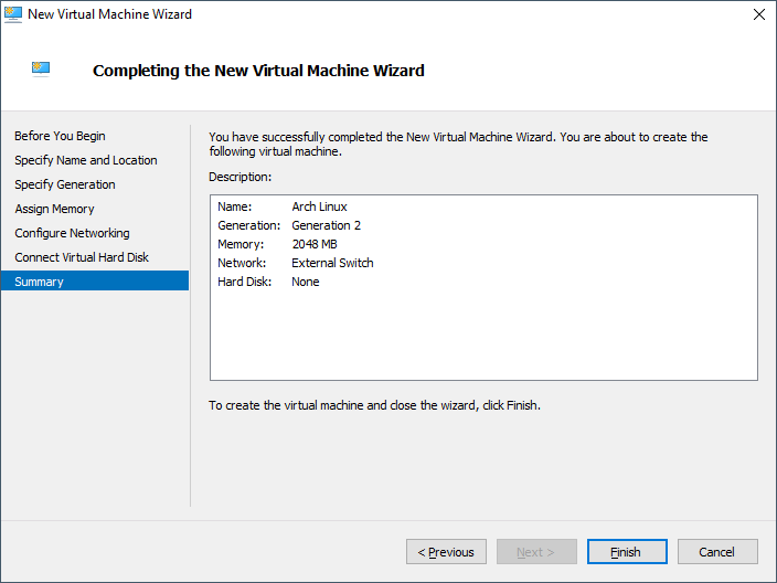 Tóm tắt thông tin máy ảo. Bấm Finish để Hyper-V tạo máy ảo mới cho bạn.