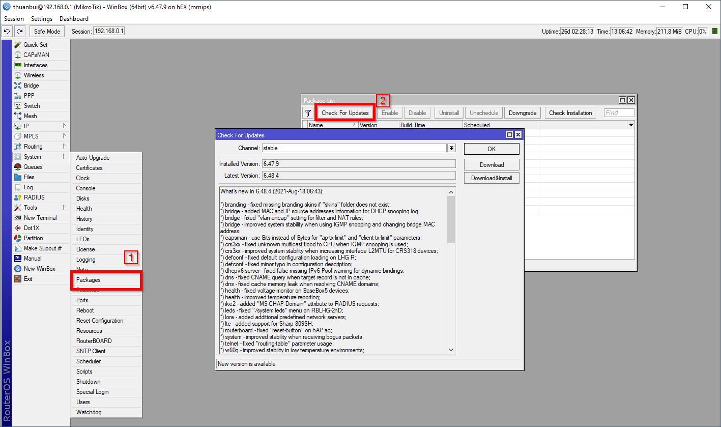 Bấm vào System, chọn Packages, sau đó bấm tiếp Check For Updates