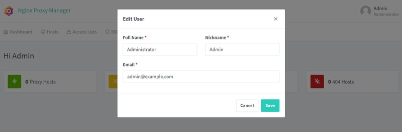 Khi đăng nhập lần đầu tiên, Nginx Proxy Manager sẽ yêu cầu bạn cập nhật thông tin Admin: Tên, Nickname, Email và Password.