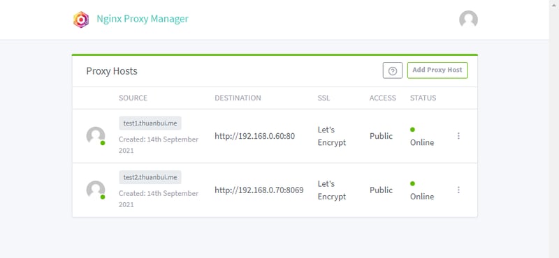 Tạo thành công Proxy Host mới cho tên miền https://test2.thuanbui.me
